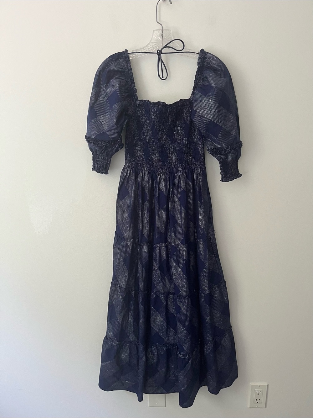 Hill House Nesli Nap Midi Dress Puff Sleeve Blue Glitter Check Feminine XS